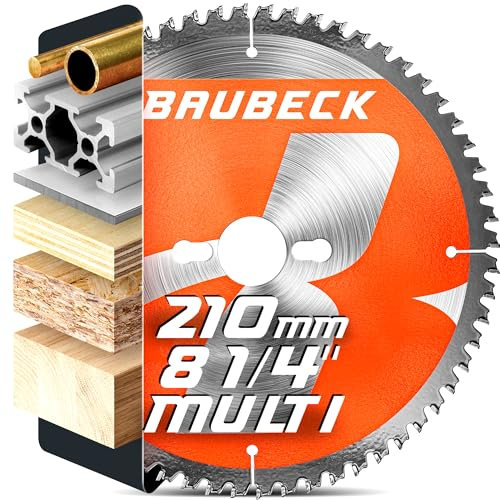 BAUBECK 210mm x 30mm Mitre Saw Blade - 1 inch, 20, 16mm Adapter - 100T for fine finish in Wood, Metal etc. - TCT 210 mm saw blade - Compatible with Bosch Makita Dewalt Festool Freud 210 mm saw blade