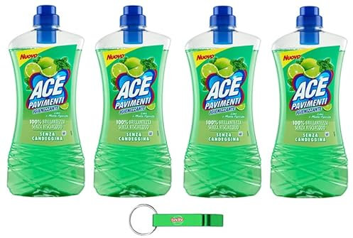 ACE, 4 x Pavimenti Detergente igienico per pavimenti – Lime e menta piperita, senza candeggina – pulisce a fondo e fa brillare i pavimenti 1 litro + portachiavi Beni Culinari