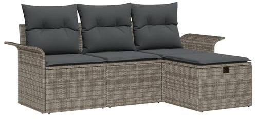 vidaXL Garten-Sofa-Set mit Kissen mit Speicher 4 pcs Grau Poly Rattan, Flexibles Gartenmöbelset, modulares Outdoor-Sofa, UV-beständige Materialien, gemütliche Lounge, geflochtene Patiosofa