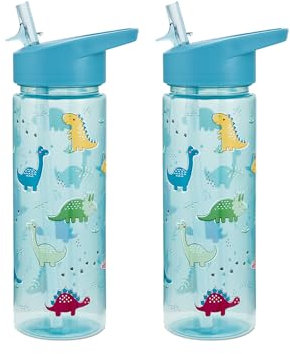 TINY TO TOTS BABY TO TODDLER Dino Water Bottle, BPA Free 2 Pack 500ml Straw Sipper for Toddlers, Reusable Non Spill Flip Up Blue Kids Lightweight School Nursery Bottle (2 Pack Dino Straw Sipper)
