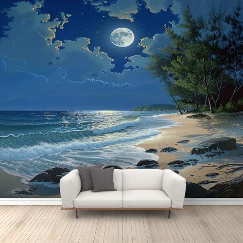Moonlit Beach Ocean Wall Mural Sea ​​Ocean Mural Coastal Night Scene Wallpaper Beach Nature Scenery Wallpaper for Living Room Bedroom Bathroom 350 x 256 cm