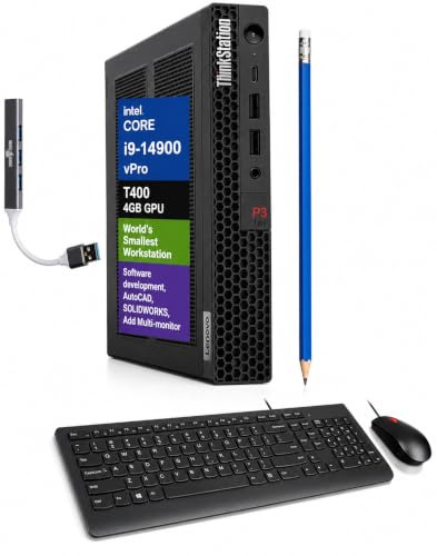 Lenovo ThinkStation P3 Tiny Workstation, Intel i9-14900 vPro, T400 4GB GPU | 64GB DDR5, 2TB PCIe SSD, WiFi 6, Win 11 Pro, Mini PC for CAD, Engineering, Trading, Multi-Monitor Support + DKZ USB Expander