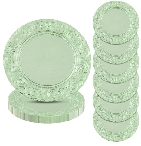 WindWilder Charger Plates 33cm - Pack of 24 - Beautifully Embossed Finish Reusable Round Dinner Table Plates for Family Kitchen, Christmas, Party Celebrations, Restaurant Decoration (Green)