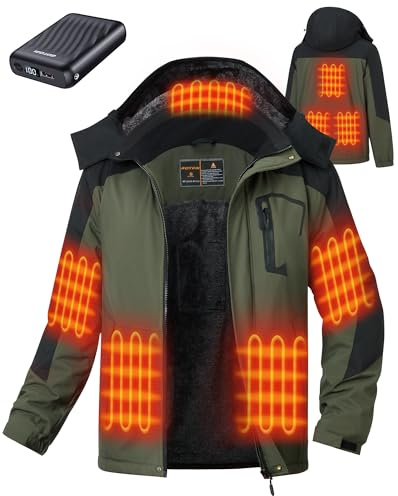 GOTOBI Beheizbare Jacke Herren mit Powerbank 12V 18400mAh, 8 Heizzonen, Beheizte Jacke mit 3 Temperaturstufen, Langer Winter-Daunenmantel für Radfahren, Camping & Outdoor-Arbeit,Grün,M