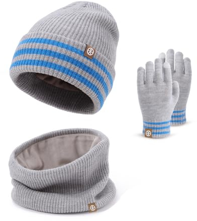 Baynetin Kinder Winter-Set 3-in-1|Thermo-Stirnbandmütze+Fleece-Nackenschutz&Touchscreen-Fäustlinge für 4-10 Jahre|Winddichte Soft-Fleece-Futter,Elastischer Sitz für Skifahren/Schneespiel