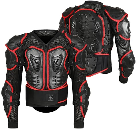 STORM Protector de Espalda para Moto MTB, Mujer Hombre Adulto Enduro Columna Vertebral Protector de Pecho para Motocross con protección (FR/ES, Letras, M, Regular, Regular, Negro/Rojo)