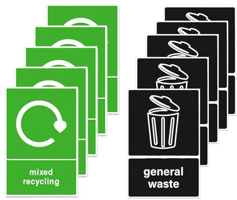 Recycling Stickers for Bins, Pack of 10 Waterproof Stickers Self-Adhesive Recycling and General Waste Labels (160 x 125 mm)