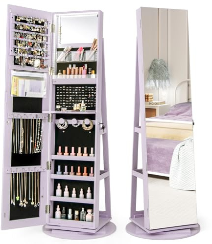 COSTWAY Schmuckschrank mit Ganzkörperspiegel, LED Spiegelschrank rahmenlos, Schmuck-Organizer 360° drehbar & abschließbar, Schmuckaufbewahrung (Lila)
