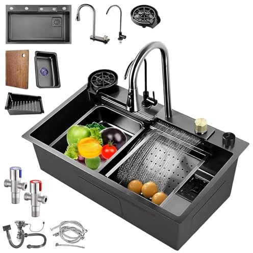 Spülbecken Küche aus Edelstahl, Kitchen Sink Modern Multifunktionale Küchenspüle Wasserfall mit ausziehbarem Wasserhahn und anderem Zubehör, Display-Spülen-Set Für Den Arbeitsplatz (68x45 cm)