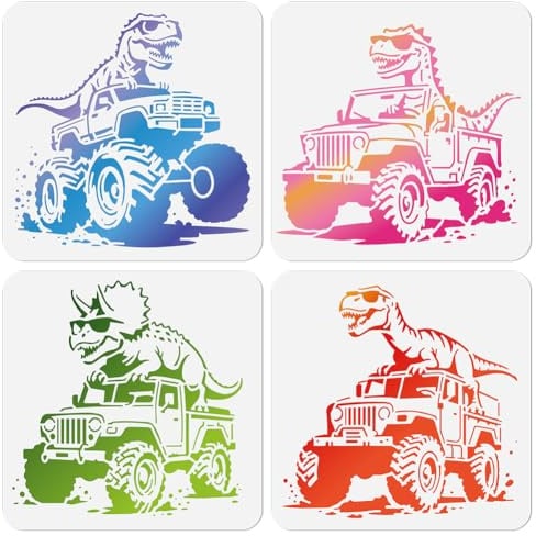 Doodlream 4 Stück Dinosaurier LKW Schablonen Zum Malen 25 x 25 cm Wiederverwendbare Geländewagen Dinosaurier Kunstschablone DIY Zeichenvorlagen für Holz Wände Stoff Glas Leinwand Und Papier
