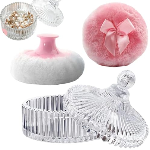 Grande houppette à poudre et récipient – Boîte en verre avec applicateur, outil de maquillage moelleux, pot à dépoussiérage en vrac, rangement élégant des cosmétiques, étui rechargeable | Merveilleuse