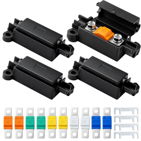 4PCS Midi Fuse Holders + 10Pcs Fuses Assorted 30/40/60/80/100Amp | 32V Universal High Current Fuses Holder Set for Cars Trucks Caravans Marine Power Systems Construction Agricultural Machinery