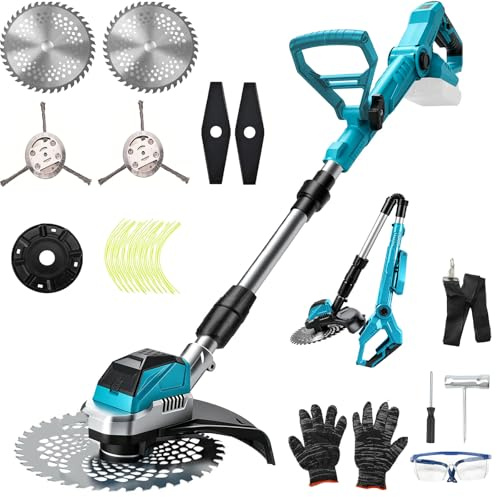 Decespugliatore a Batteria compatibile con Makita 18 V, Tagliabordi a Batteria Elettrico Brushlesse, con 4 Tipi di Lame Tagliaerba senza Fili, Maniglia Telescopica, Decespugliatori da Prato
