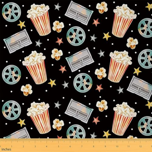 Homewish Vintage Kino Thema Flanell Stoff Meterware Film Ticket Popcorn Weicher Dekostoff 920x150cm Filmrolle Stoffe zum Nähen Grau Gelbe Sterne DIY Stoff,Ohne Dehnbarkeit