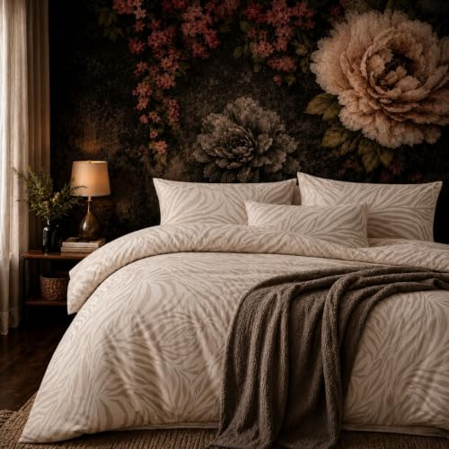 ZIRVEHOME Bettwäsche 200x220 cm 3-teilig – Beige Bettbezug mit Zebra Muster – 1x Bettbezug 200x220 + 2X Kissenbezüge 80x80 – Renforcé Baumwolle – Pflegeleichte Ganzjahresbettwäsche Zebra Beige