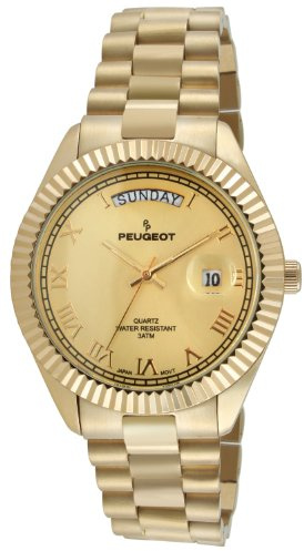 Peugeot Men's Big Face Day Date Roman Numeral Fluted Bezel Steel Watch