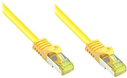 Kabelmeister® RJ45 Patchkabel mit Cat. 7 Rohkabel und Rastnasenschutz (RNS®), S/FTP, PiMF, halogenfrei, 500MHz, OFC, gelb, 40m