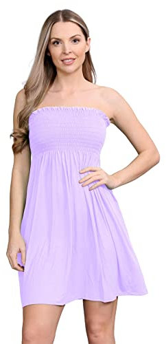 janisramone® Womens Bandeau Dress, Boob Tube Sheering Ruched Flared Mini Dress, Plain Strapless Summer Dresses, Perfect Holiday & Beach Dresses for Women UK Lilac