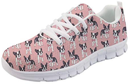 Coloranimal Leichte Schnürschuhe für Damen zum Laufen, Walken, flache Sneaker, (Klassischer Boston Terrier), 38 EU