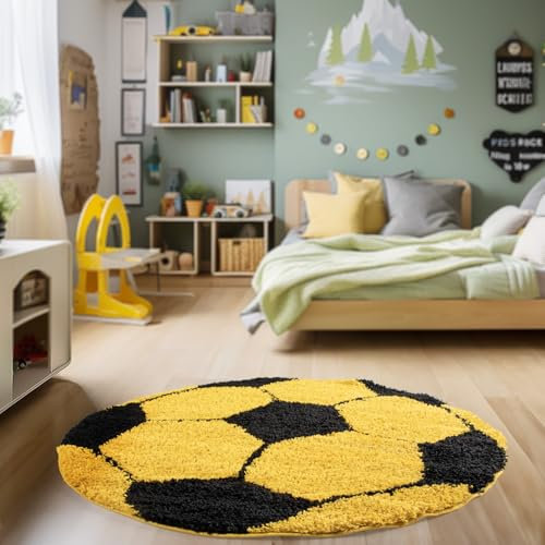 HomebyHome Runder Kinderteppich Hochflor Langflor Shaggy Fusball Design Kinderzimmer Babyzimmer Spielzimmer 30 mm Florhöhe Flauschig Weich Rund, Farbe:Gelb, Grösse:120 cm Rund