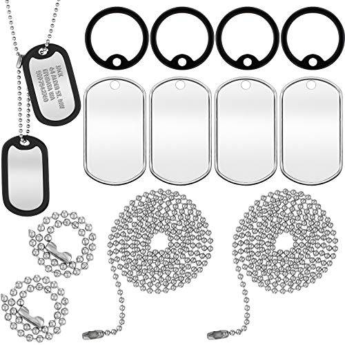 Weewooday 12 Stücke Militär Hundemarke Hund Tag Schalldämpfer Silikon Runde Gummi Armee Hundemarke Schalldämpfer Set Komplett mit 4 Stahlkugelketten & 4 Leeren Hundemarken, Schwarz