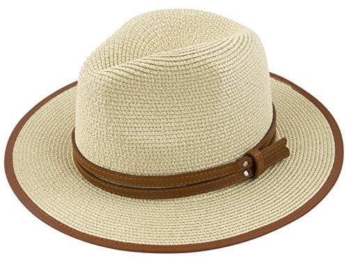 Muryobao Chapeau de paille Panama pliable Fedora pour femme à large bord UPF50+ - beige - Taille unique
