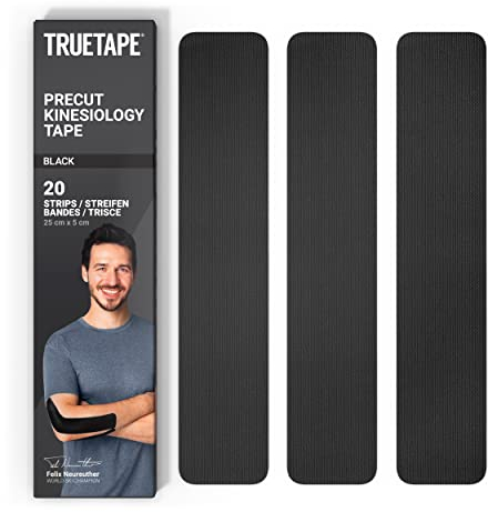 TRUETAPE® Kinesiotape – BASIC Precut – 20 Streifen (25 cm x 5 cm) – Wasserfestes & Elastisches Kinesiologie Tape – Physiotape mit starker Klebekraft für Alltag & Sport – Schwarz