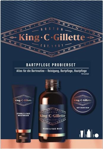 King C. Gillette Mini-Reiseset Probierset Geschenkset Bartpflege-Essentials: 3-Tagebart- & Gesichtspflege 30 ml + Bartshampoo 60 ml + Bart-Balsam 30 ml, Geschenk für Männer