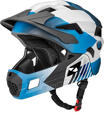 ROCKBROS Kinderhelm Integriert Fahrradhelm Kinder Jugend Fullface Helm mit Abnehmbarem Kinnschutz BMX MTB Downhill Helm, Blau (Abnehmbare krempe) M 54-57cm