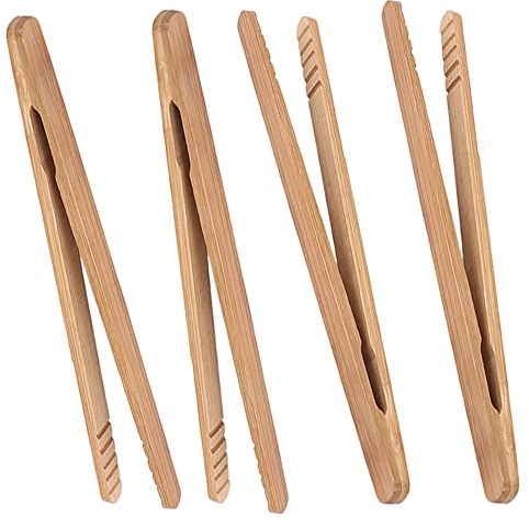 Bambus-Toastzange, 17.8 cm, Mini-Holz-Kochzange mit rutschfestem Design, ideal zum Servieren von Speisen/Toaster/Brot und Gurken/Zucker/Grill, kleine Küchenzange, Grillen, Braten (4)