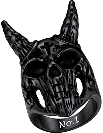 PROSTEEL Herren Ziege Horn Totenkopf Statement Ring personalisiert Satan Ziegenschädel Ring Größe 69 Schwarz Gothic Biker Motoradfahrer Halloween Modeschmuck Accessoire