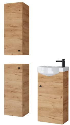 Planetmöbel Badmöbel Set Waschtisch mit Unterschrank 40 x 60 x 29 cm mit 2X Midischrank 32 x 75 x 23 cm für Badezimmer, Gäste WC & Bad, Gold Eiche