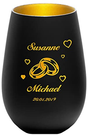 Windlicht personalisiert aus Glas in schwarz-Gold mit Wunschgravur - Motiv: Ringe ineinander - Teelichthalter Kristallglas - Deko Geschenkidee - robust - Kerzenlicht - Hochzeit, Jahrestag