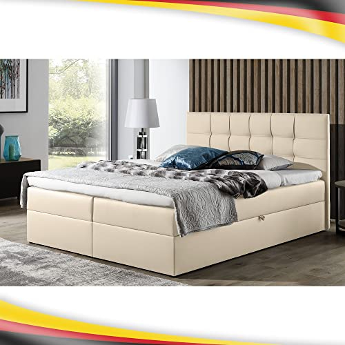 Boxspringbett Doppelbett Leo - Bett mit Bonellmatratze, mit Bettkasten für Bettwäsche und Topper. Widerstandsfähiger und angenehm zu berührender Kunstleder mit Bettkasten (Beige, 120x200)