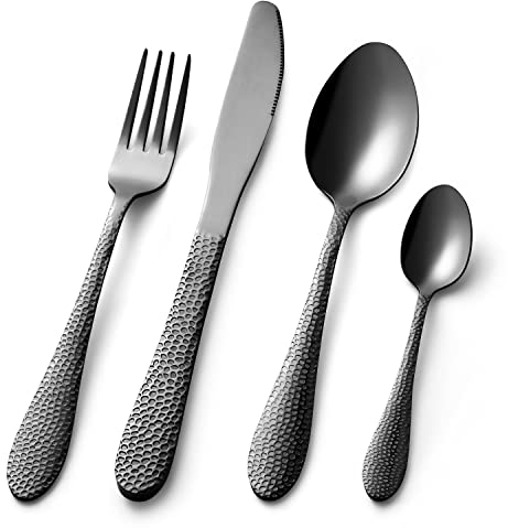 Cutlery Sets 16pcs Stainless Steel with Hammered Pattern Handles, Stainless Steel Flatware Set with 4 x Forks, 4 x Dinner Knives, 4 x Table Spoons, 4 x Tea Spoons (Black)