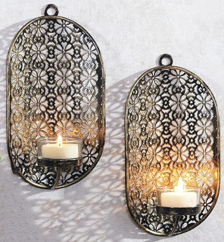 Novaliv 2X Wandkerzenhalter Gold aus Metall mit Glas 6 x 10 x 19 cm Kerzenhalter orientalisch Wand Teelichterhalter Deko Wohnzimmer Dekoration Wanddeko Vintage Deko Teelicht Wandhalter