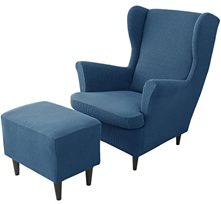 JHLD Stretch Husse für Ohrensessel Mit Ottomane Schonbezug, 2 Stück Husse für Ohrensessel Jacquard Ohrensessel Schonbezug Hockerbezug Für Hunde Katzen -blau A-3 Stück