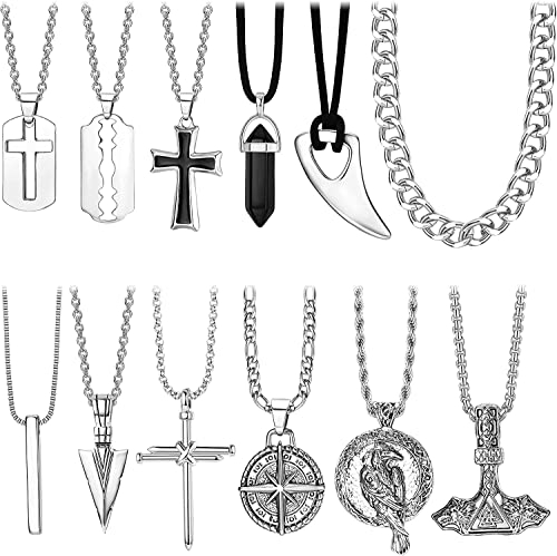 Diamday 12 Stück Wikinger Halsketten Thor Hammer Nordischen Mjolnir Amulett Anhänger Halskette mit Speerspitze Pfeilspitze Kreuz Rabe Talisman Halskette Punk Nordisch Wikinger Schmuck Herren Silber
