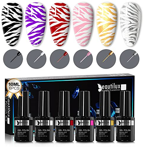 Beautilux Liner Gel Nagellack, 6 Farben Gel-Liner Nagellack-Set, 10ml Schwarz Weiß Rosa Rot Gold Silber Glitter Liner Nagellack Gel für Nagelgel und Malfarbe Zeichnen Nail Art