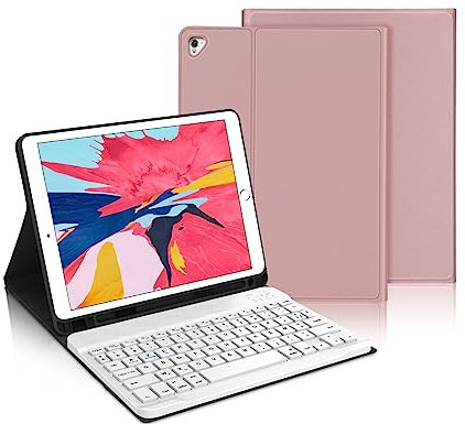 Coque Clavier pour iPad 6/5 EME Generation/Pro 9.7/Air 2/Air 1 9.7, Étui Keyboard AZERTY Français Layout sans Fil Bluetooth Amovible avec Porte Crayon pour iPad 9.7 2018, Rose