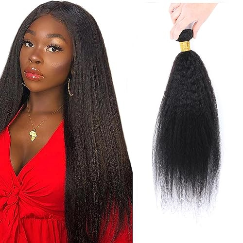 Kinky Straight Human Hair ,Single Bundle 22 Inch Yaki Straight Human Hair Extensions One Bundles, 100% Unprocessed Brazilian Virgin Remy Human Hair For Black Women Natural Color