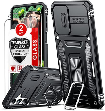 LeYi Armour Case for Samsung Galaxy A14 5G/4G and 2 Pack Screen Protectors, Samsung A 14 Case with Camera Lens Cover Slider, Ring Stand Holder Military Grade Shockproof Phone Cover, Black