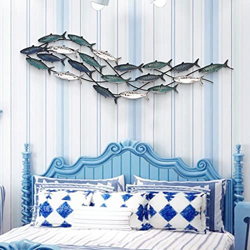 Fischschwarm-Wandskulptur aus Metall, Maritimes Aqua-Themen-Design, Wanddekoration, Metall, Handgefertigtes Wandbild, Fischschwarm-Wanddekoration für Wohnzimmer, Schlafzimmer, Esszimmer, Garten