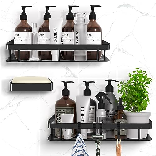 IHKFILAN Duschablage Ohne Bohren, 2 Stück Duschkorb, Aluminium Badezimmer Regal, mit 1 Stück Seifenschale 6 Klebeflächen und 4 Haken, Selbstklebendes Oder Bohren Badezimmer Dusch Organizer