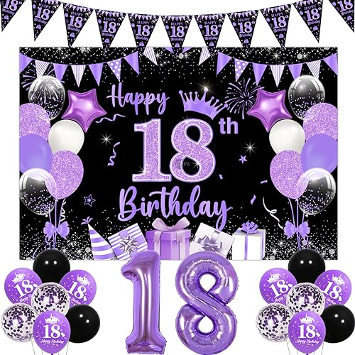 18 Geburtstag Dekorationen für Mädchen Lila, Happy 18th Birthday Hintergrund Banner und Luftballons, Lila Schwarz 18 Geburtstag Dreieck Flagge Wimpelkette 18 Folienballon für Sie 18 Jahre alt