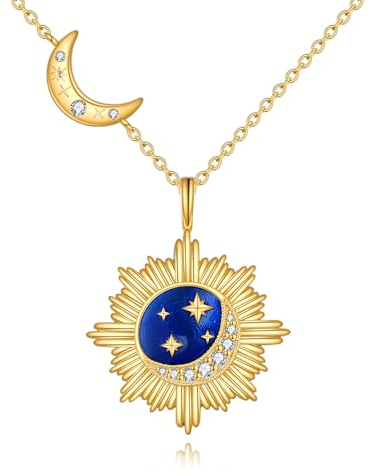 YAFEINI Sonne und Mond Kette Damen 925 Sterling Silber Golden Mond Stern Anhänger Halskette Gold Sonne Schmuck Geschenk