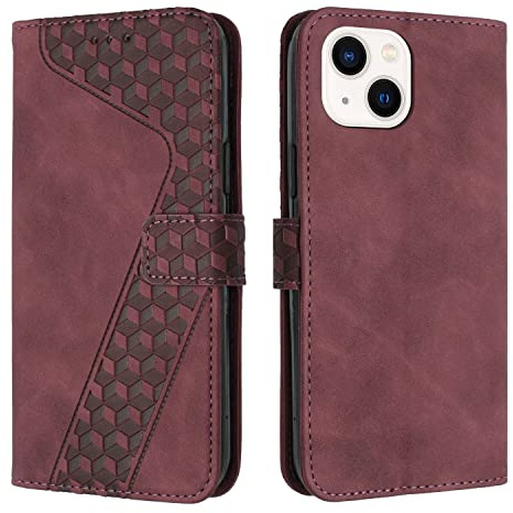 TOHULLE Case for iPhone 15, Premium Leather Wallet Case Card Holder Kickstand Magnetic Closure Pattern Embossed Design Flip Folio Wallet Cover for iPhone 15 - Wine Red