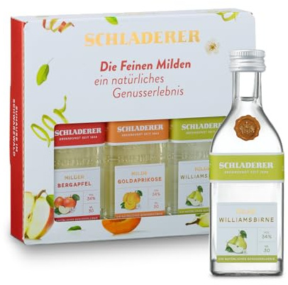 Schladerer Digestif Geschenk-Set Mini - Die Feinen Milden - Tasting-Set mit Goldaprikose, Bergapfel & Williamsbirne - Ideal zum Verschenken (3 x 0,03l)