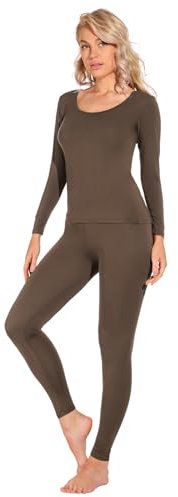 Liang Rou Women's Crew Neck Top & Bottom Ultra Thin Thermal Underwear Set Coffee Brown X-Large