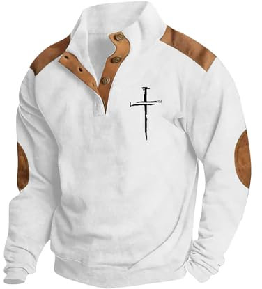 RMBLYfeiye Hemden Herren Pullover V Ausschnitt Half Zip V-Ausschnitt Musterdruck Vintage Mit Knopfleiste Stehkragen Raglan Shirt T